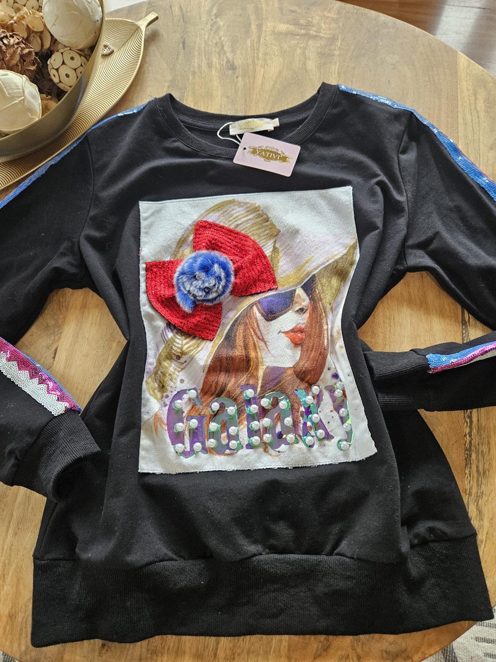 Black Graphic Patch Sweatshirt with Red & Blue Accent - Small
